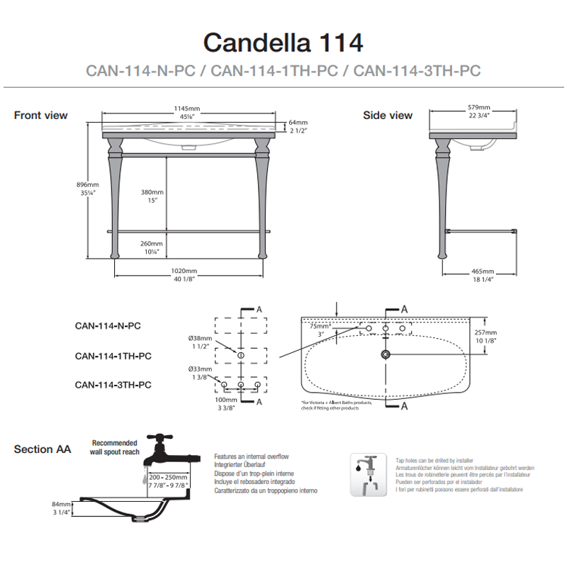 Victoria + Albert Candella 114 Washstand - 1 Tap Hole - Gloss White