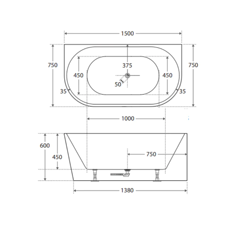 Cassa Design Auris 1500mm Round Back to Wall Bath Includes Overflow - Gloss White - BT-AU1500