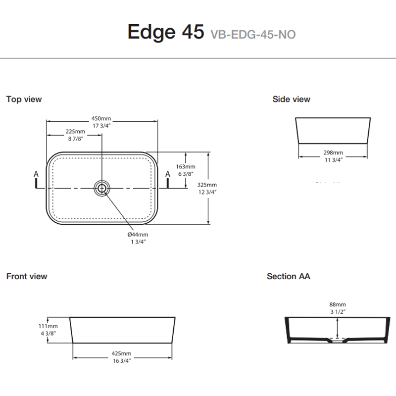 Victoria + Albert Edge 45 Above Counter Basin - Gloss White - VB-EDG-45-NO