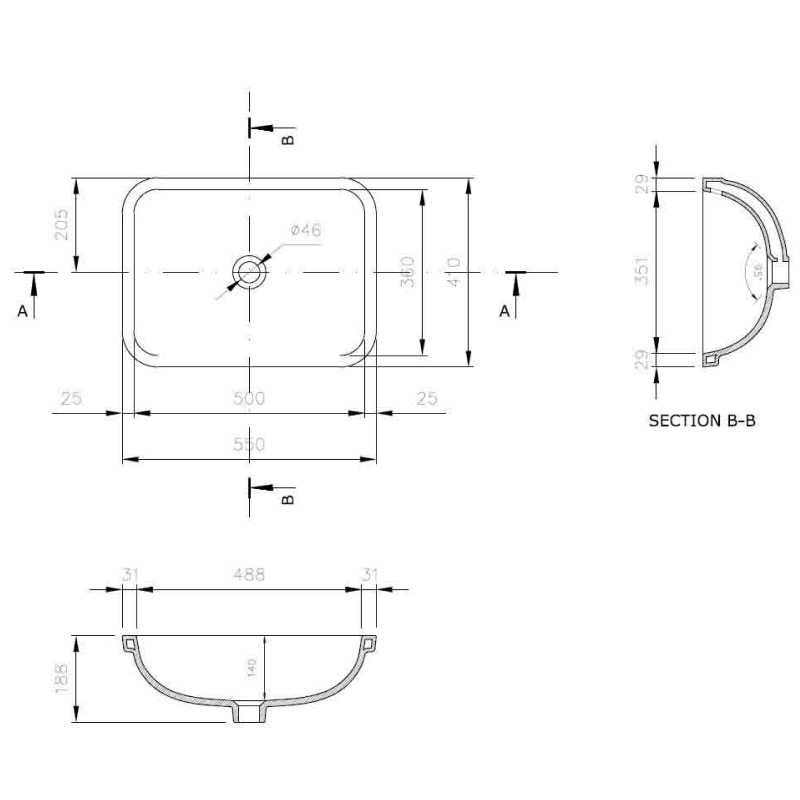 Turner Hastings Fino 55 x 41 Under Counter Basin - Matte Black