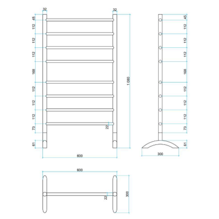 Thermorail 240V Freestanding 600 Straight/Round Heated Towel Rail - FS66E Polished Stainless Steel