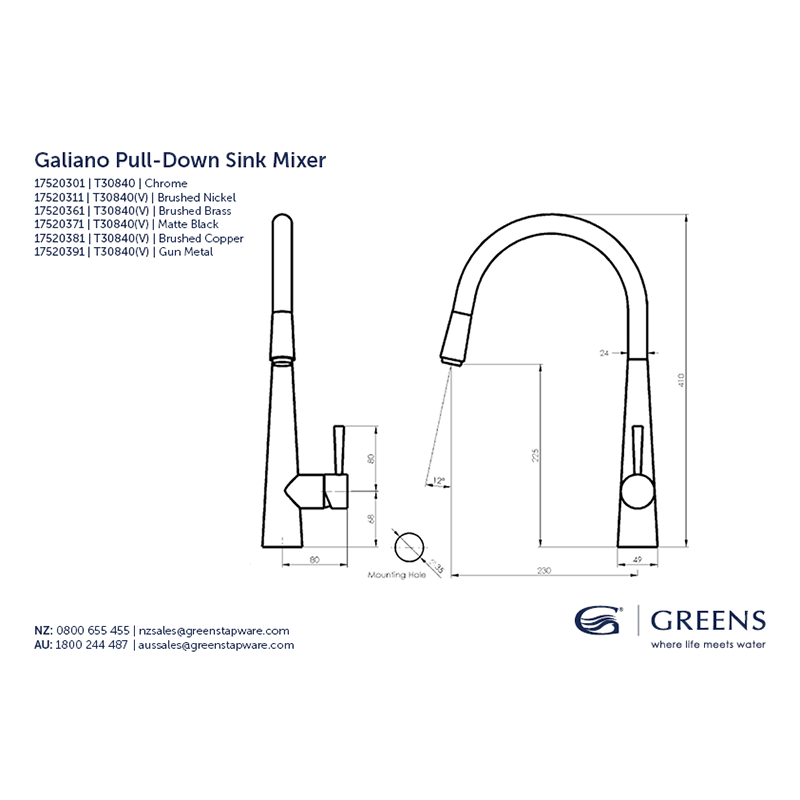 Greens Galiano Pull-Down Sink Mixer - Brushed Nickel