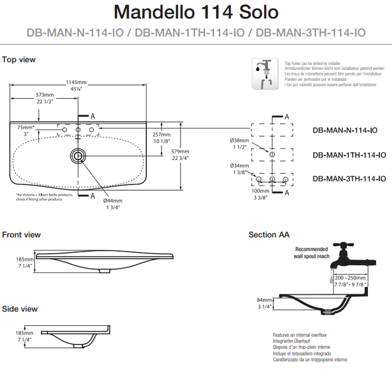 Victoria + Albert Mandello 114 Solo Inset Basin - 3 Tap Holes - Gloss White - DB-MAN-3TH-114-IO