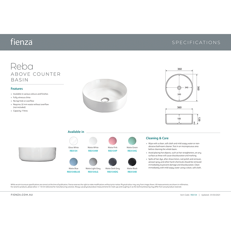 Fienza Reba Above Counter Basin - Matte White - RB3134W