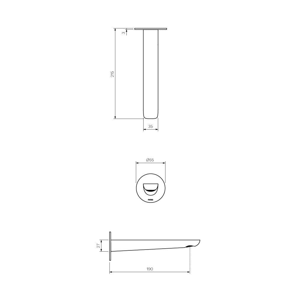 Parisi Slim II Wall Bath Spout 190mm - Matte Black - S2.02WF190.02