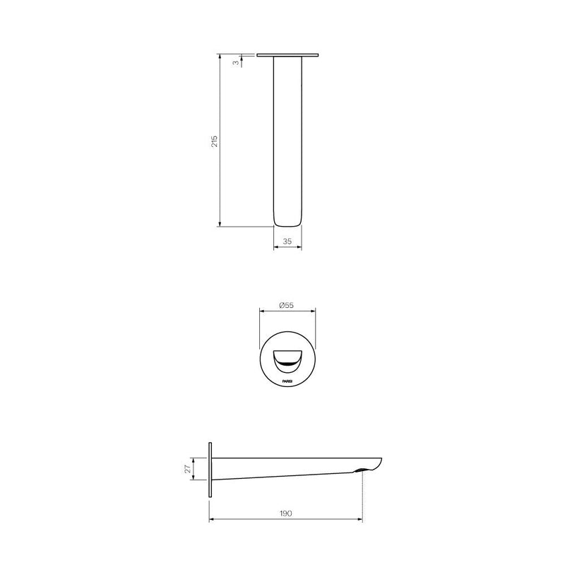 Parisi Slim II Wall Bath Spout 190mm - Matte Black