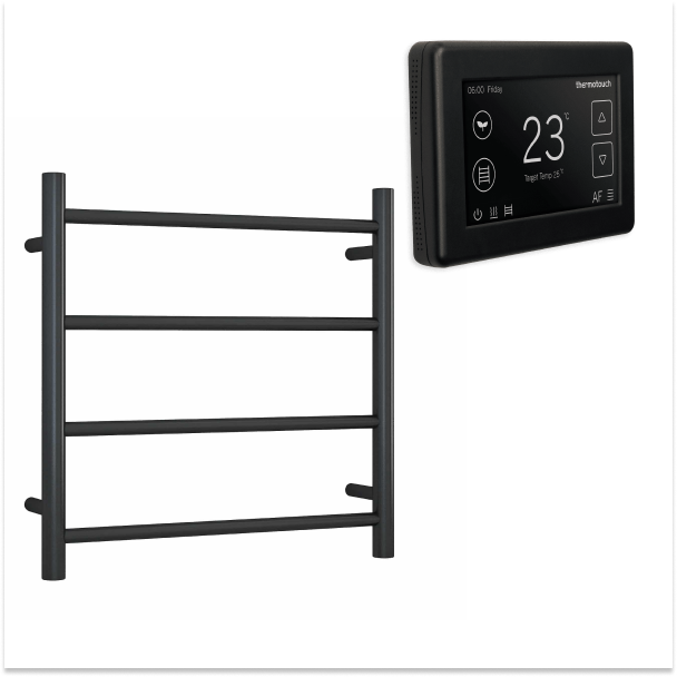 Thermorail 240V Straight 550 Round Heated Towel Ladder w/Dual Control Thermostat - SR25MB Matte Black - SR25MB + 5246