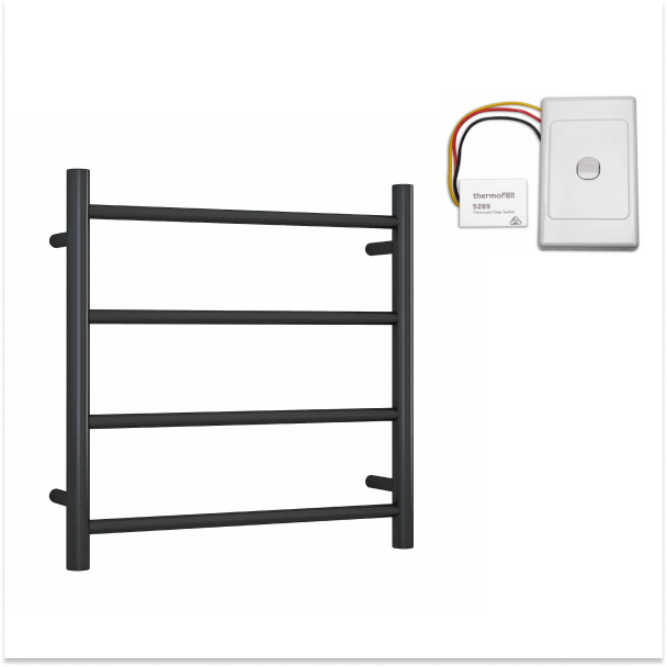 Thermorail 240V Straight 550 Round Heated Towel Ladder w/Eco Timer - SR25MB Matte Black - SR25MB + ET12C