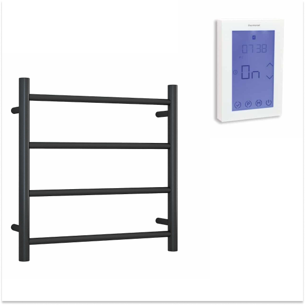 Thermorail 240V Straight 550 Round Heated Towel Ladder w/7 Day Timer - SR25MB Matte Black - SR25MB + TRTS
