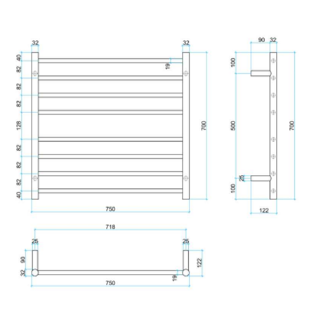 Thermorail 240V Straight 750 Round Ladder Heated Towel Rail - SR33M Polished Stainless Steel