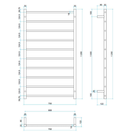 Thermorail 240V Straight 700 Round Heated Towel Rail - SR69MB Matte Black
