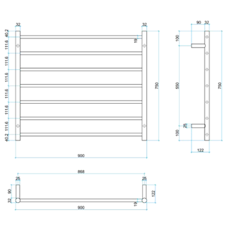 Thermorail 240V Straight 900 Round Ladder Heated Towel Rail - SR93M Polished Stainless Steel