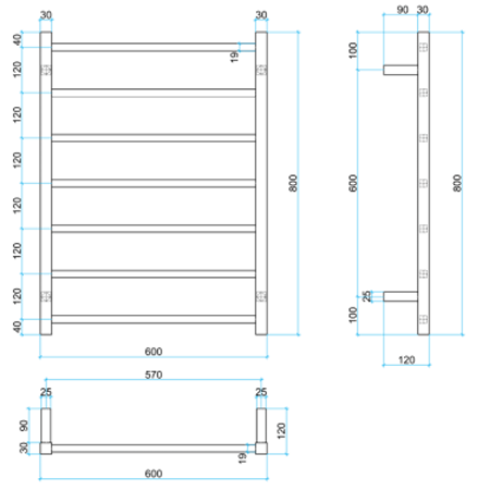 Thermogroup 240V Straight 600 Square Ladder Heated Towel Rail - SSB44M Brushed Stainless Steel