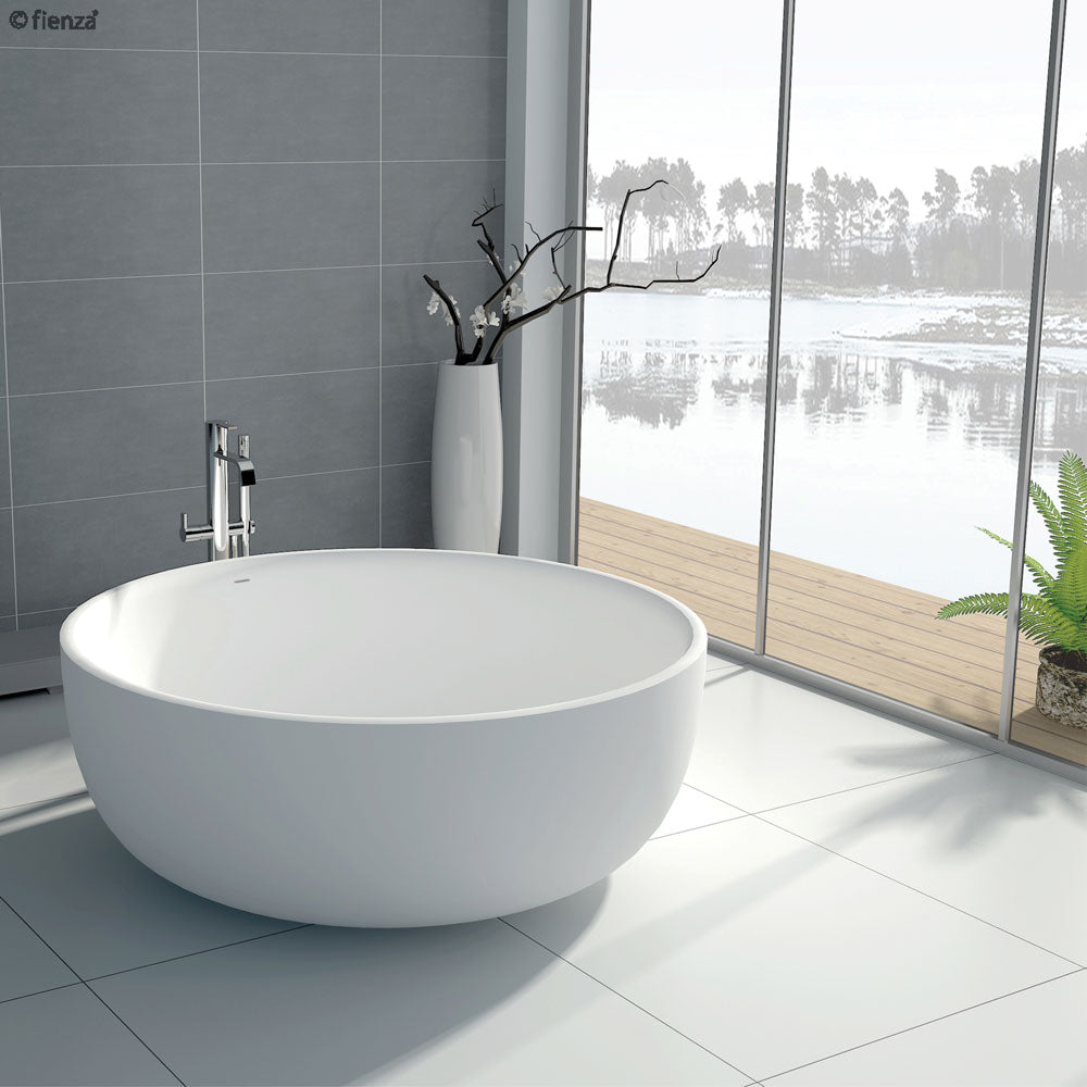 Fienza Shinto 1350mm Freestanding Stone Bath With Overflow - Matte White - ST13