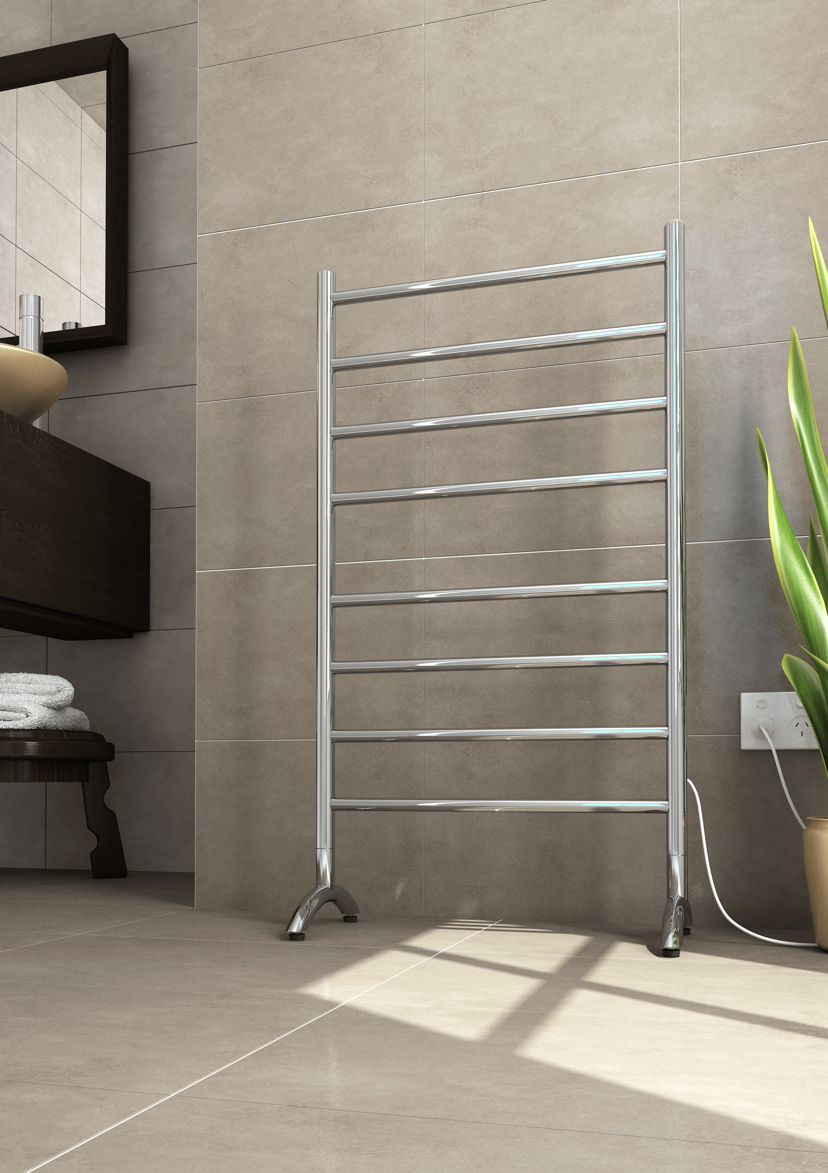 Thermorail 240V Freestanding 600 Straight/Round Heated Towel Rail - FS66E Polished Stainless Steel