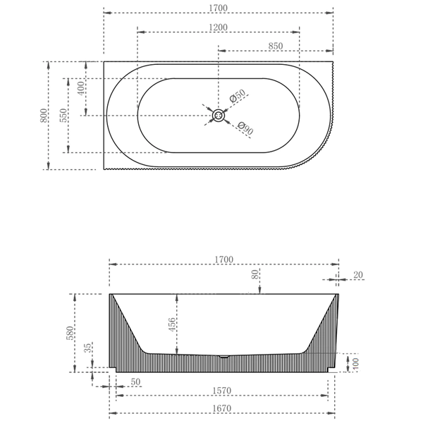Cassa Design V-Groove 1700mm Right Hand Corner Acrylic Back to Wall Bath Includes Overflow - Matte White - BT-VG1700R
