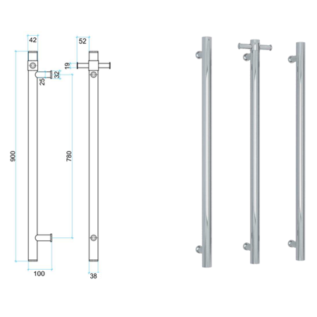 Thermogroup 12V Single Heated 900mm Vertical Bar - VS900H Polished Stainless Steel