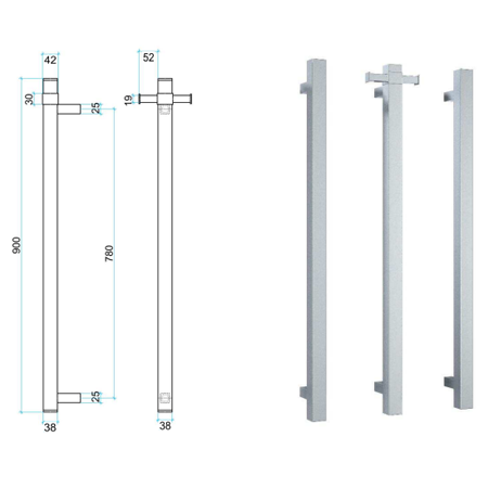 Thermorail 12V Square Single Heated 900mm Vertical Bar - VS900SH Polished Stainless Steel