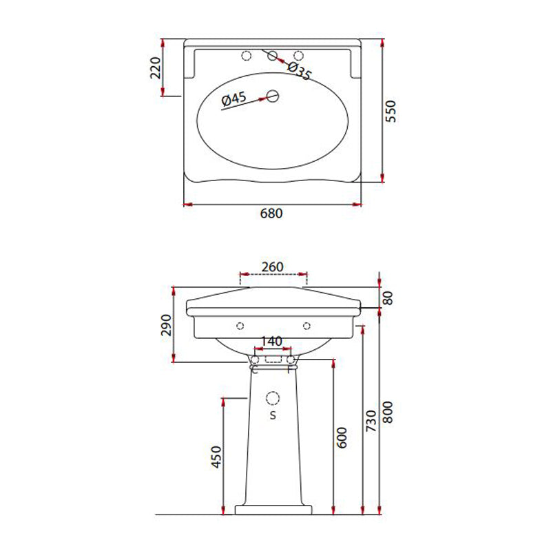 Parisi Hermitage 68 Basin with Pedestal 3TH Specification