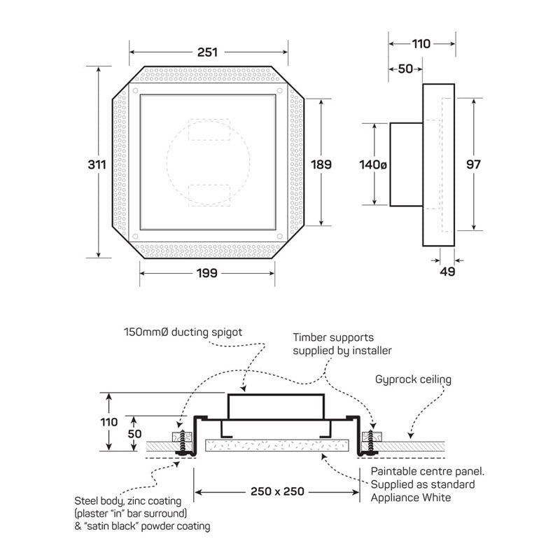 Allvent Prestige 250mm Flush Square Ceiling Extractor Grille Frameless - Cass Brothers