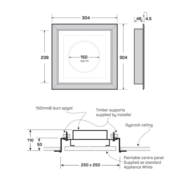 Allvent Prestige 250mm Slim Square Ceiling Extractor Grille Framed - Cass Brothers