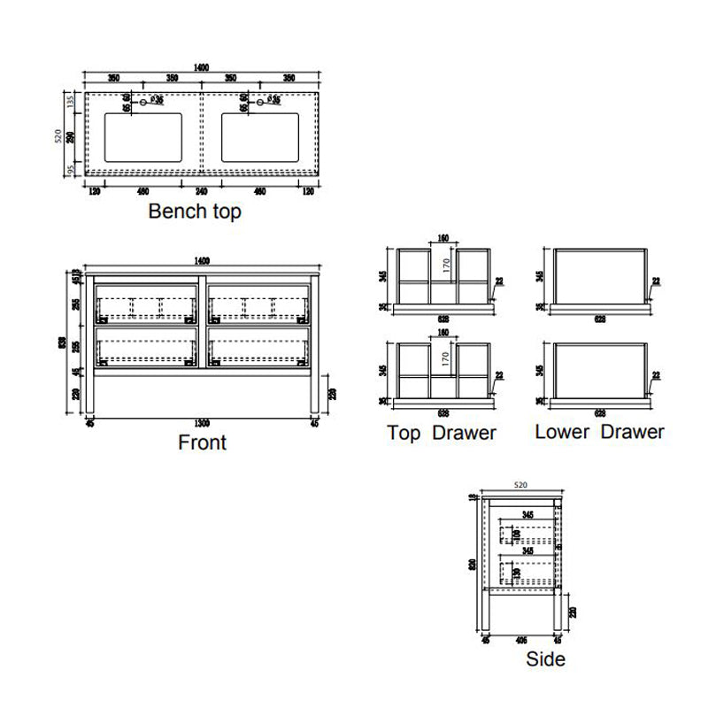 Parisi Arrivo 1400 Floor Cabinet with Double White MArble Top 2TH- Noce Oak Specification