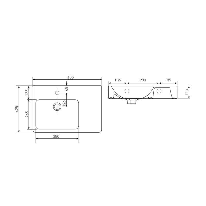 Argent Evo 650 Asymmetric Basin Left Hand Bowl RH Shelf - 1 Tap Hole - Gloss White - Cass Brothers