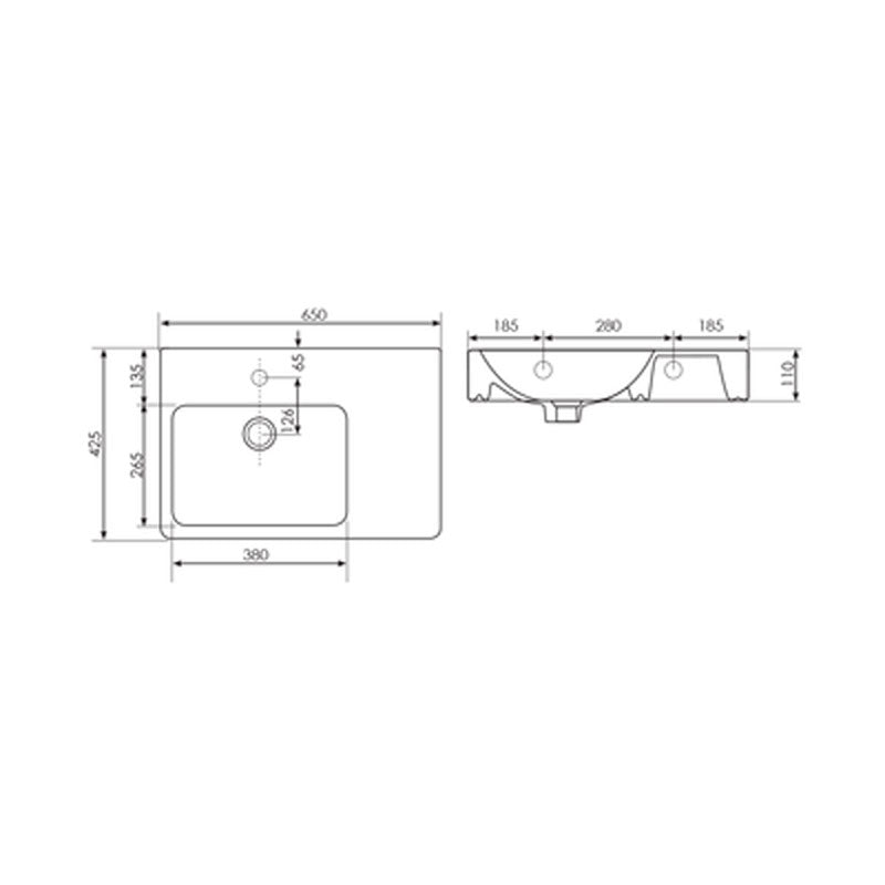 Argent Evo 650 Asymmetric Basin Left Hand Bowl RH Shelf - No Tap Hole - Gloss White - Cass Brothers