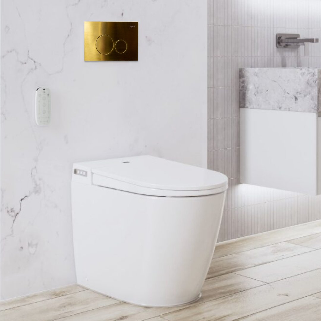 Argent Evo Wall Faced Smart Toilet Package Includes Grace Brushed Gold Button - Cass Brothers