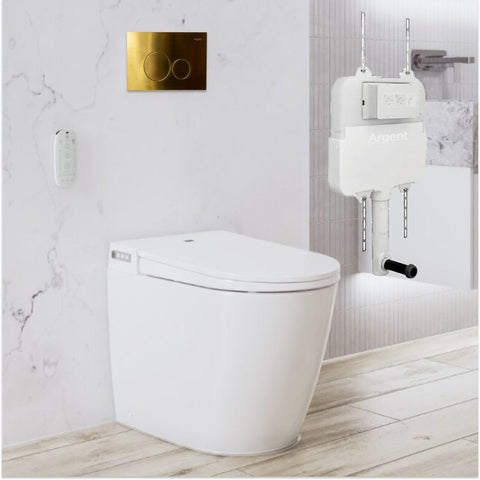 Argent Evo Wall Faced Smart Toilet Package Includes Grace Brushed Gold Button