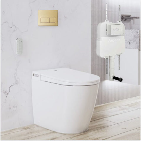 Argent Evo Wall Faced Smart Toilet Package Includes Kubic Brushed Gold Button