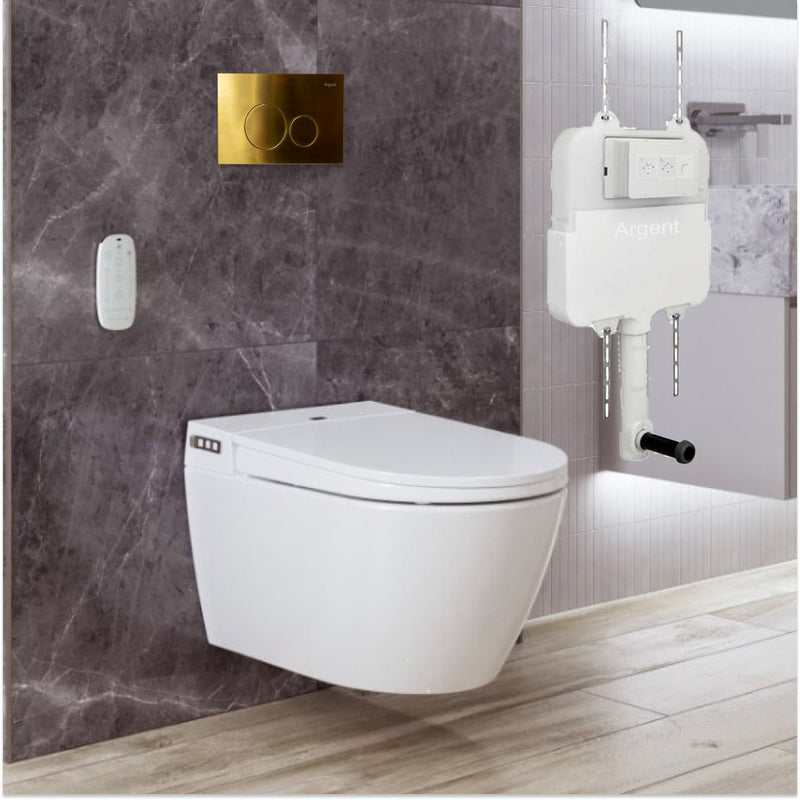 Argent Evo Wall Hung Smart Toilet Package Includes Grace Brushed Gold Button - Cass Brothers