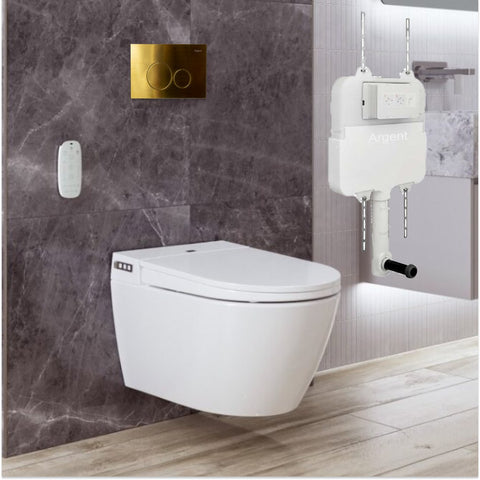 Argent Evo Wall Hung Smart Toilet Package Includes Grace Brushed Gold Button