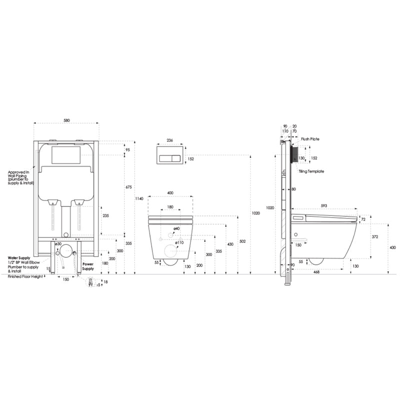 Argent Evo Wall Hung Smart Toilet Package Includes Grace Brushed Nickel Button - Cass Brothers