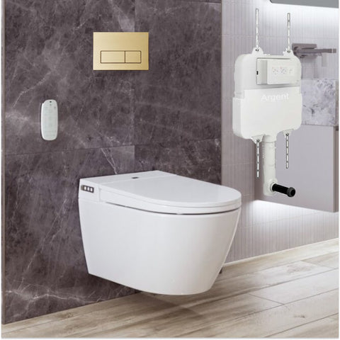 Argent Evo Wall Hung Smart Toilet Package Includes Kubic Brushed Gold Button