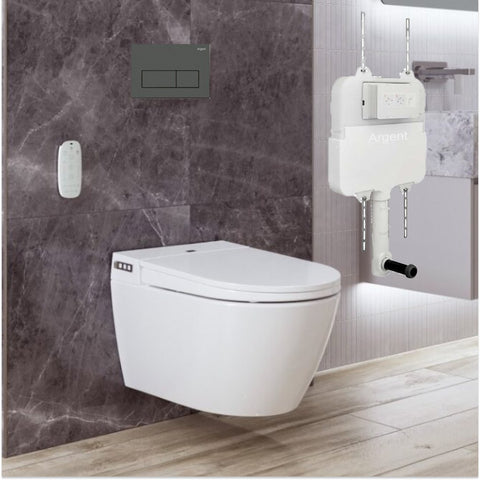 Argent Evo Wall Hung Smart Toilet Package Includes Kubic Gun Metal Button
