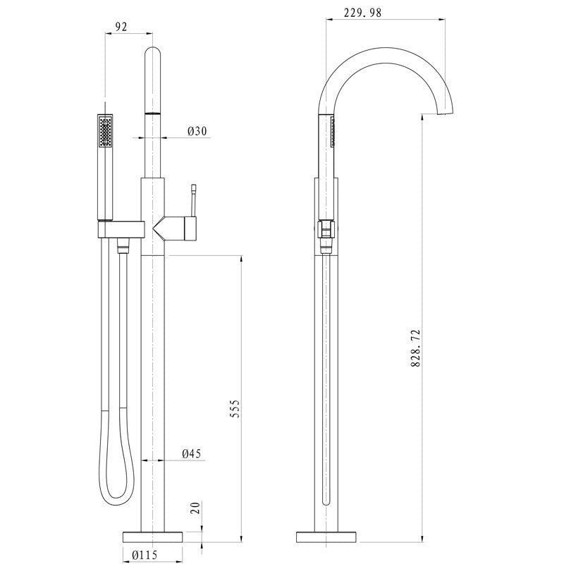 Argent Flow Floor Mounted Bath Filler with Handpiece - Chrome - Cass Brothers