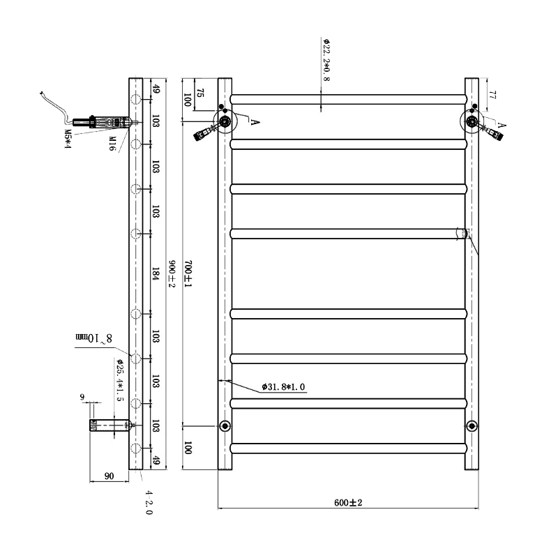 Argent Pace 600 8 Bar Heated Towel Rail - Cass Brothers
