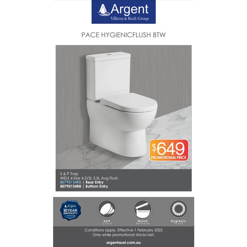 Argent Pace Hygienic flush BTW Toilet S&P Trap Rear Entry - Cass Brothers