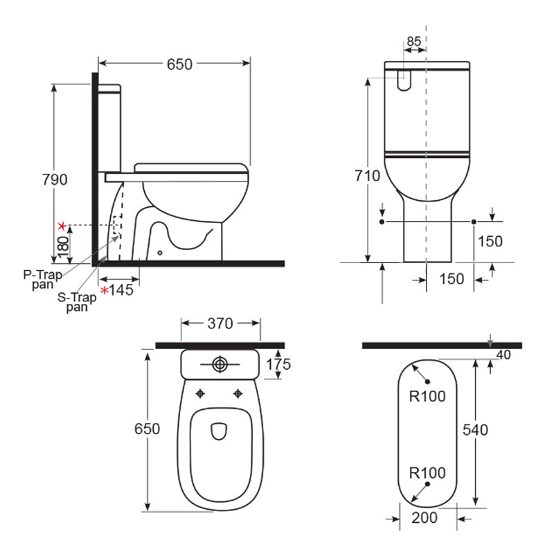 Argent Pace Hygienic Flush Close Coupled Toilet - P Trap, Rear Entry - Cass Brothers