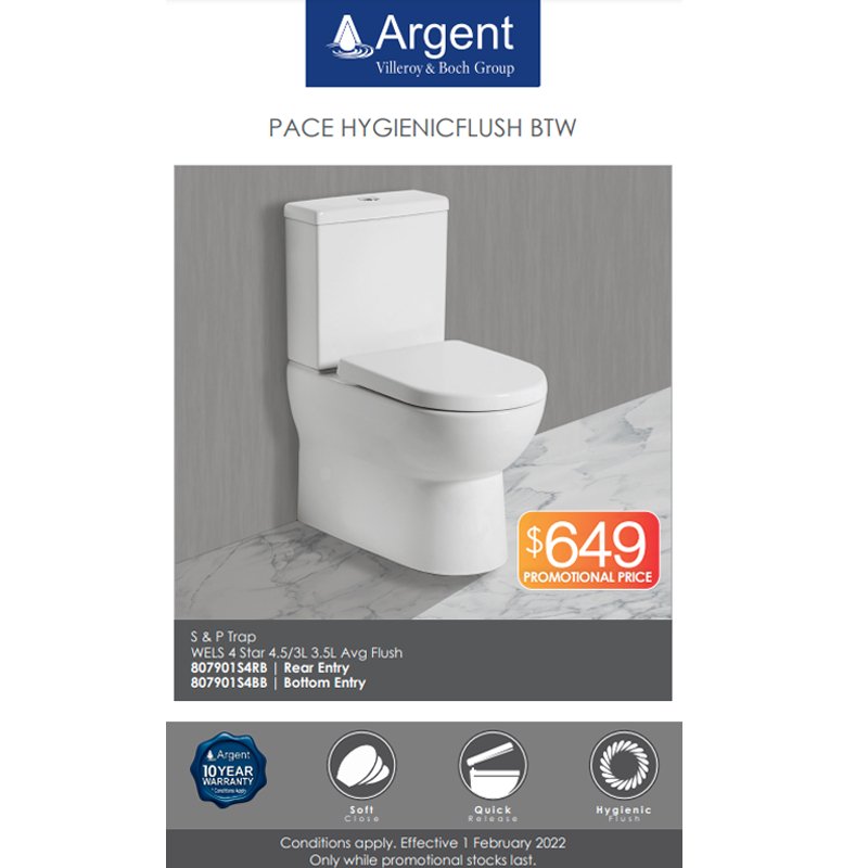 Argent Pace Hygienicflush BTW Toilet S&P Trap Bottom Entry - Cass Brothers