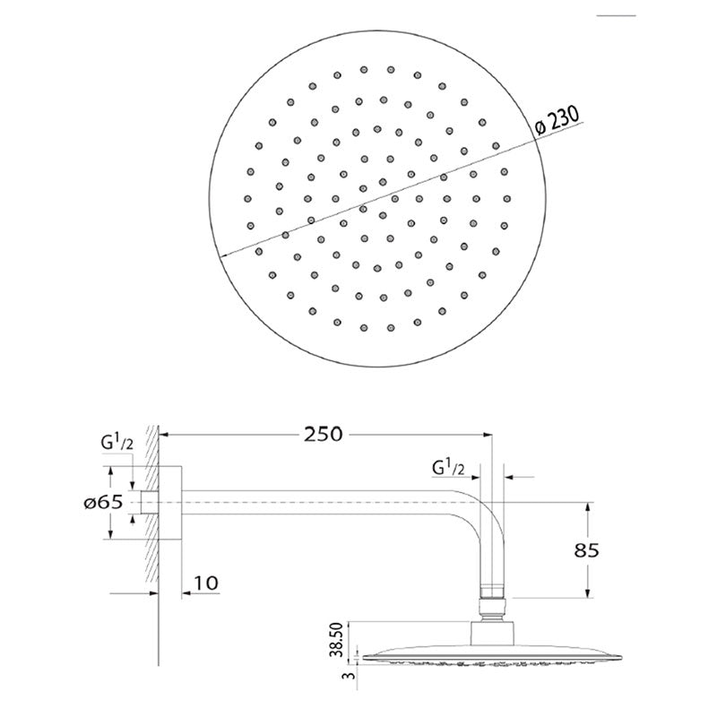 Argent Pallas 230 Overhead Shower on 250 Wall Arm - Chrome - Cass Brothers