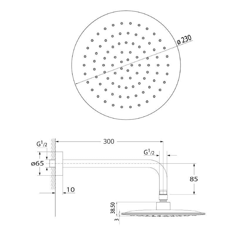 Argent Pallas 230 Overhead Shower with Essential Shower Arm 300mm - Brushed Nickel - Cass Brothers