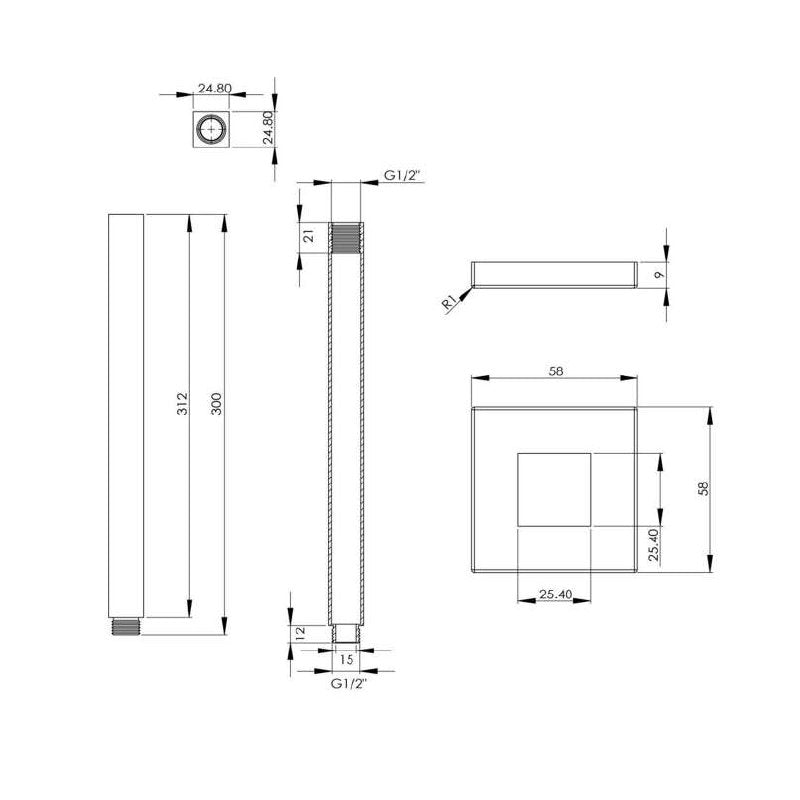 Argent Square Ceiling Dropper Arm with Square Flange 300mm - Chrome - Cass Brothers