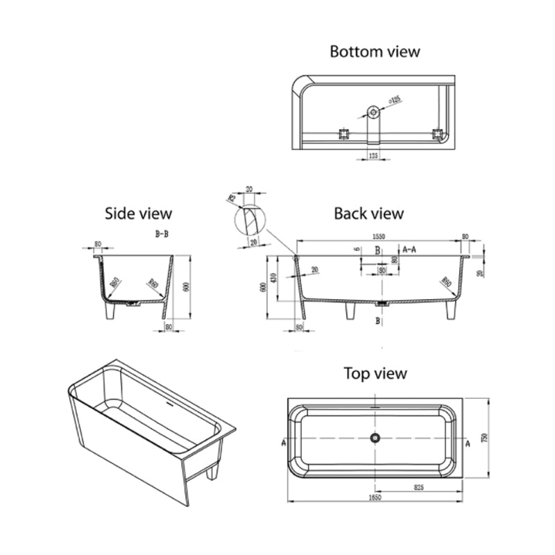 Mirra 1650 Right Hand Corner Cast Stone Freestanding Bath | Specifications