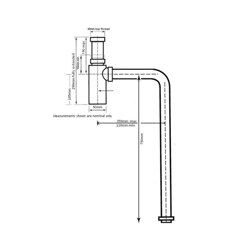 Turner Hastings Deluxe Adjustable Bottle S Trap - Chrome on Brass - Specification