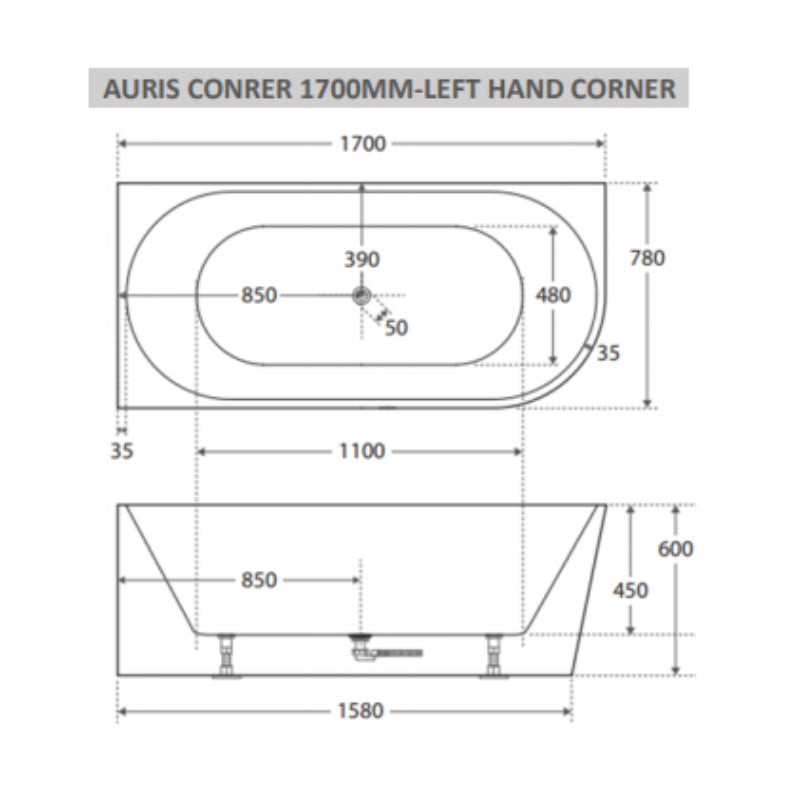 Cassa Auris Corner Back To Wall Bathtub Left Hand 1700mm - Gloss White