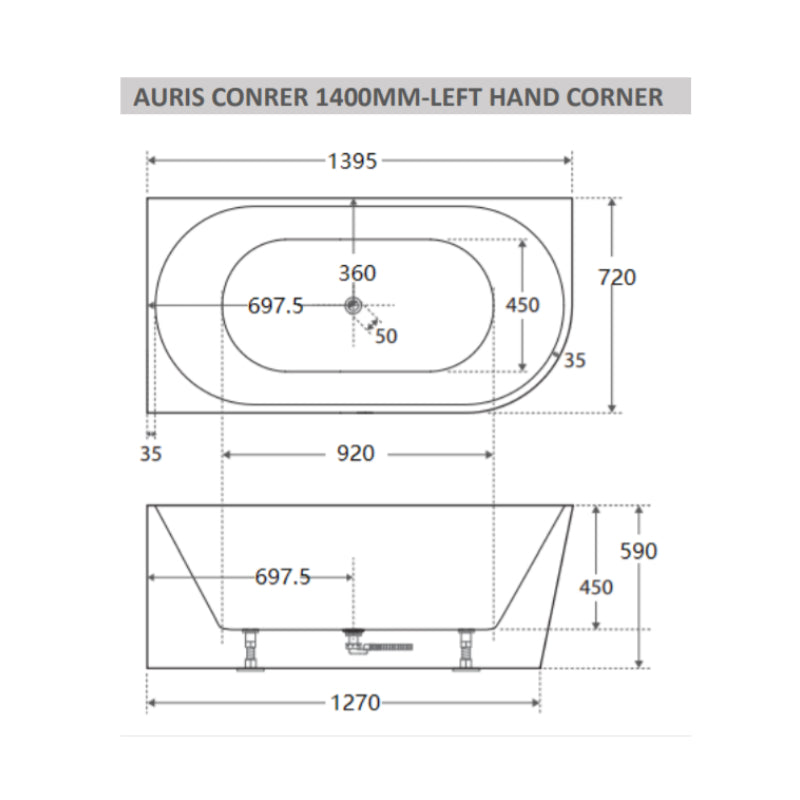 Cassa Auris Corner Back To Wall Bathtub Left Hand 1400mm - Gloss White 