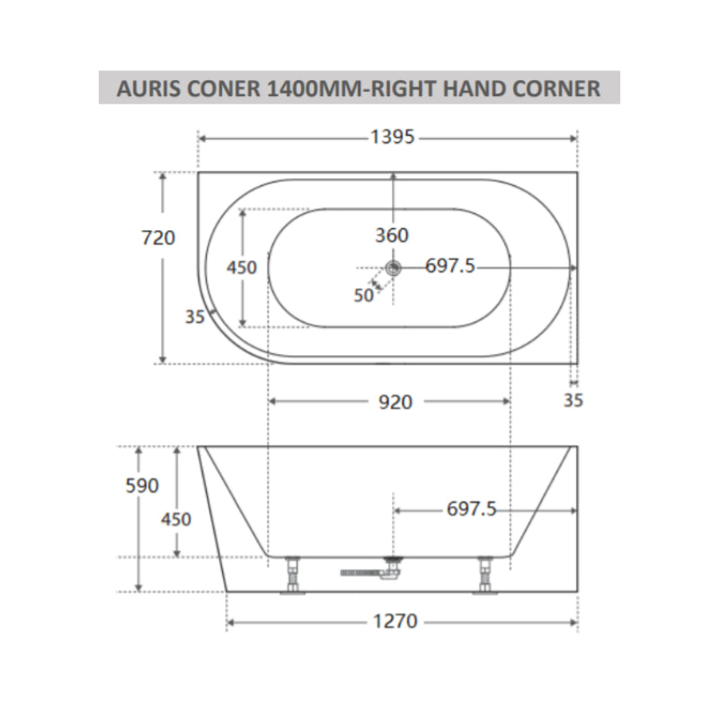 Cassa Auris Corner Back To Wall Bathtub Right Hand 1400mm - Gloss White