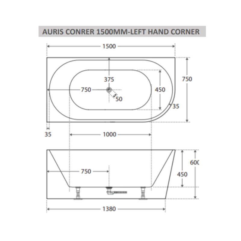 Cassa Auris Left Hand Corner Back To Wall Bathtub 1500mm - Matt White 
